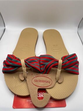 Havaianas Tan Sandal with Red and Green Striped Bow